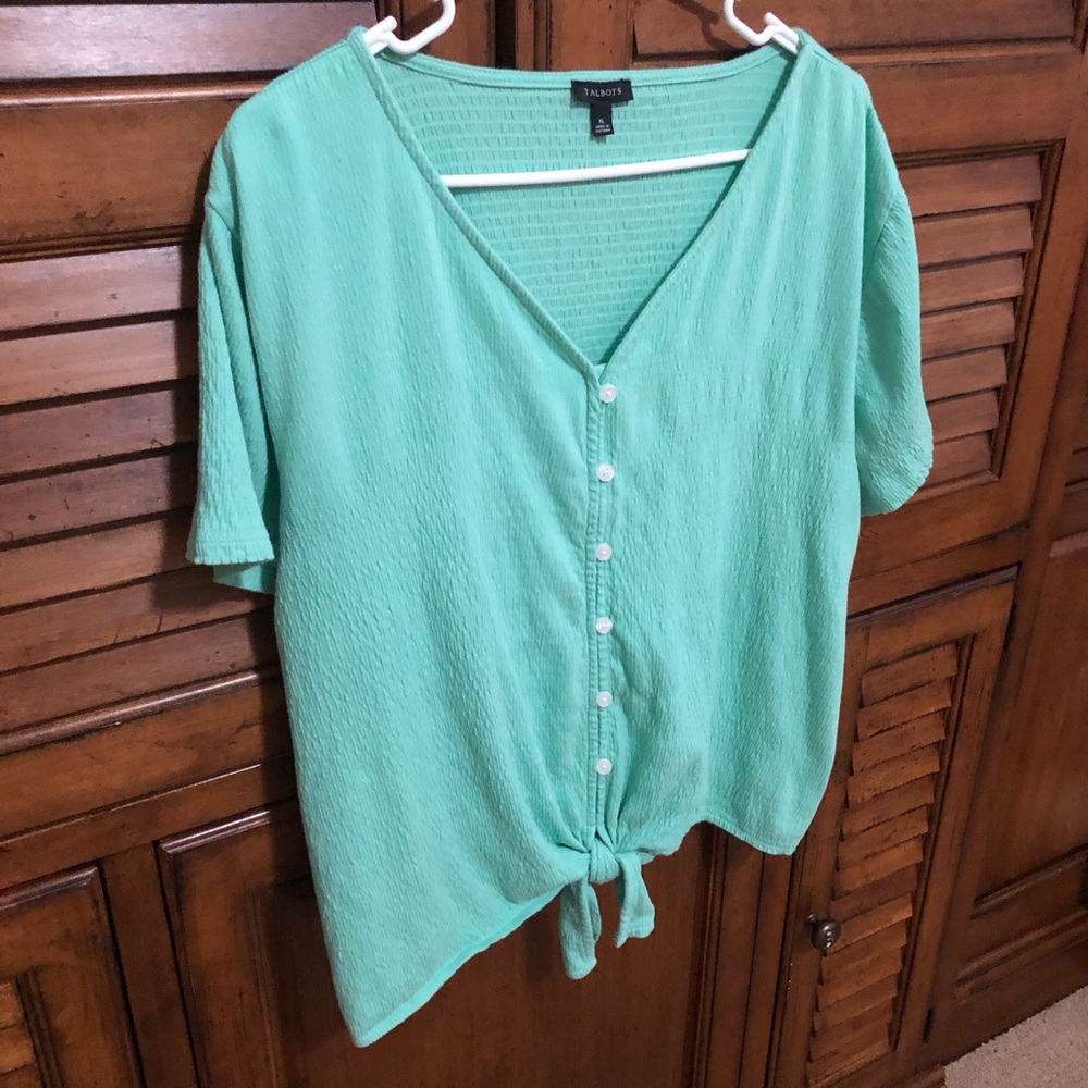 Talbots Sea Foam Green Textured Fabric Tie-Front V-Neck Top - Size XL